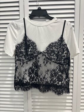 Black Lace Camisole Layered White Tee Top Detachable Overlay Size M
